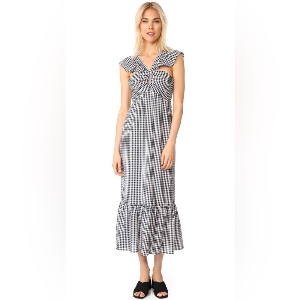 Wayf Bella Gingham Ruffle Sleeve Midi Dress Sz S